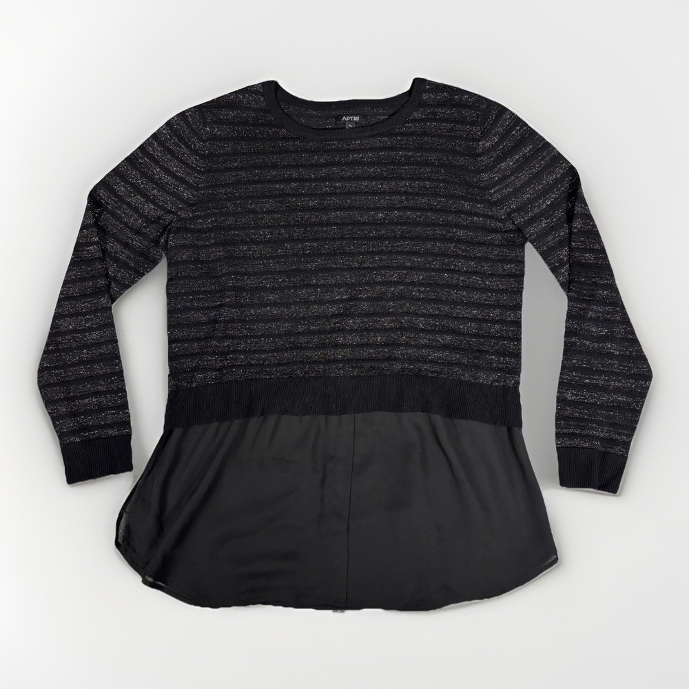 Apt. 9 Layered Look Sweater Womens Large PL Black Silver Metallic Striped Office